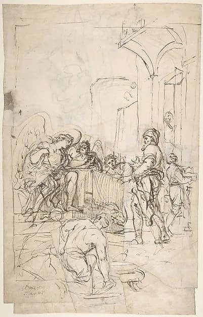 Abraham Entertaining the Three Angels (Genesis 18:1-15) (recto);  A Couple Embracing, and Other (verso) by Francesco Lamarra depicting Genesis 18