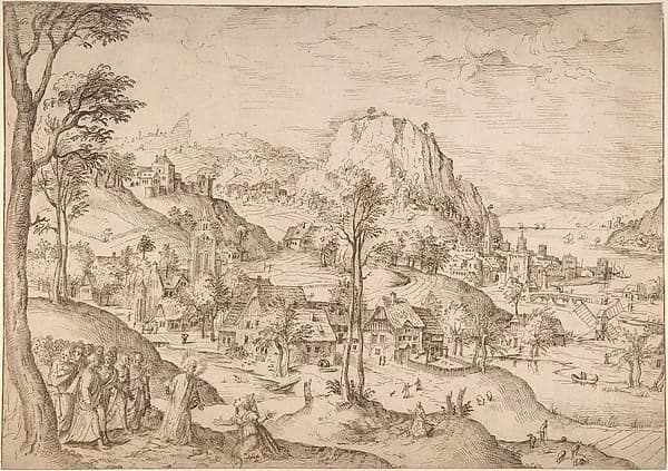 Panoramic Mountainous Estuary Landscape, with Christ and the Woman of Canaan by Lucas Gassel depicting John 1