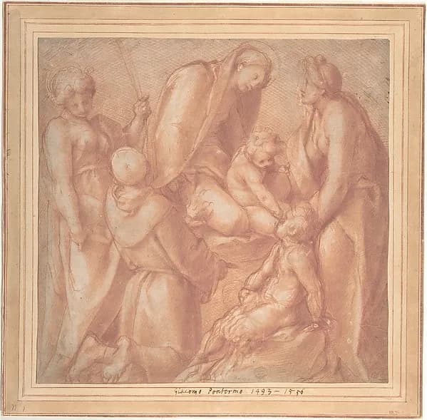 Virgin and Child with Saint Elizabeth, the Infant Baptist, Saint Anthony of Padua, and a Female Martyr by Jacopo da Pontormo (Jacopo Carucci) depicting Luke 2