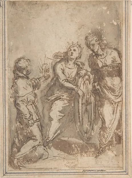 Saint Catherine Flanked by a Male and a Female Saint by Anonymous, Italian, Bolognese, 17th century depicting Romans 8