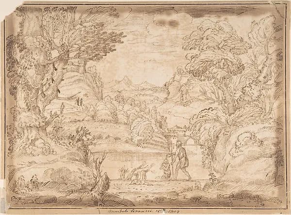 Landscape with the Baptism of Christ by Anonymous, Italian, Bolognese, 17th century depicting Matthew 3