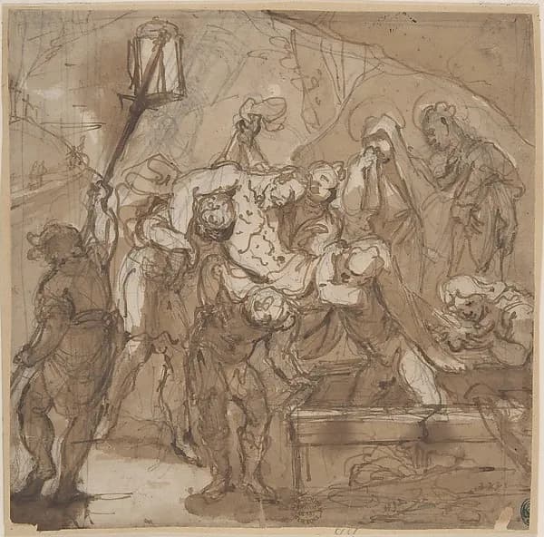 Entombment of Christ by Anonymous, Italian, Roman-Bolognese, 17th century depicting Matthew 27