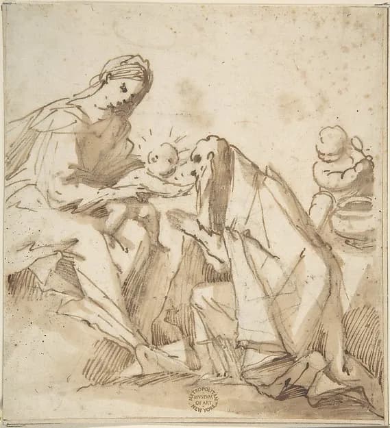 Saint Adoring the Madonna and Child by Anonymous, Italian, Roman-Bolognese, 17th century depicting Luke 2
