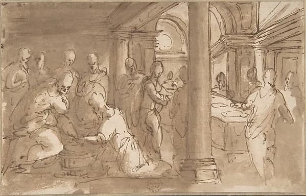 Christ Washing the Feet of the Disciples by Anonymous, Italian, Roman-Bolognese, 17th century depicting John 13