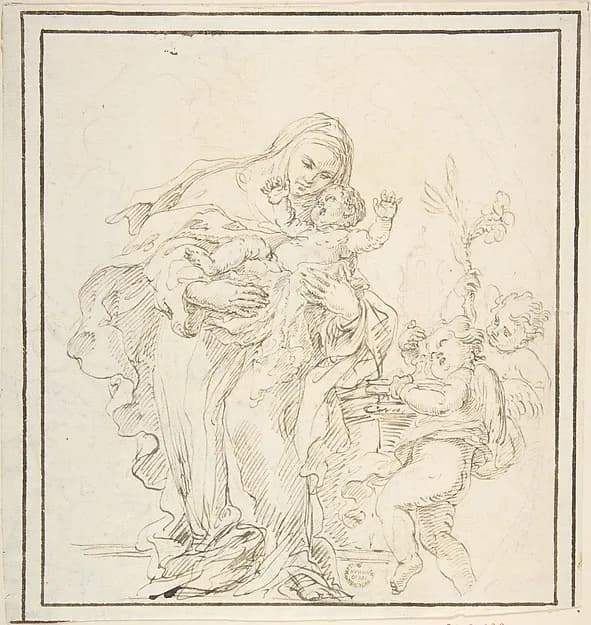 St. Catherine of Siena with The Infant Jesus (recto); Warrior with Dead Lion? (verso) by Anonymous, Italian, Roman-Bolognese, 17th century depicting Romans 8