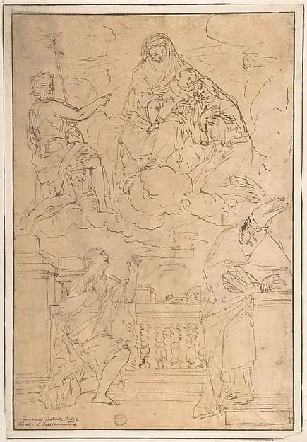 Madonna and Child with Saint John the Baptist and three other Saints by Anonymous, Italian, Roman-Bolognese, 17th century depicting Matthew 3