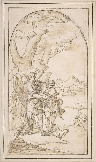 Tobias and the Angel by Anonymous, Italian, Roman-Bolognese, 17th century depicting Tobit 6