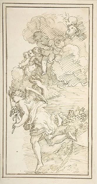 Archangel Holding a Lily in a Landscape with Clouds Bearing Putti (Fragment of a Scene of the Annunciation) by Anonymous, Italian, 18th century depicting Luke 1