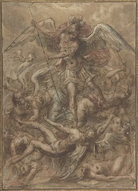 Saint Michael Expelling the Fallen Angels by Anonymous, Italian, Roman-Bolognese, 17th century depicting Revelation 12