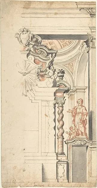 Design for One Half a Chapel with the Dove of the Holy Ghost above the Main Altar, and a Statue of an Evangelist at right by Anonymous, Italian, Piedmontese, 18th century depicting Revelation 1