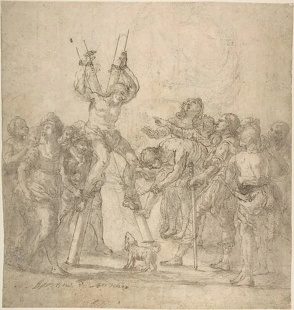 Martydom of Saint Andrew (recto); Head of a Woman (verso) by Anonymous, Italian, Roman-Bolognese, 17th century depicting Matthew 4