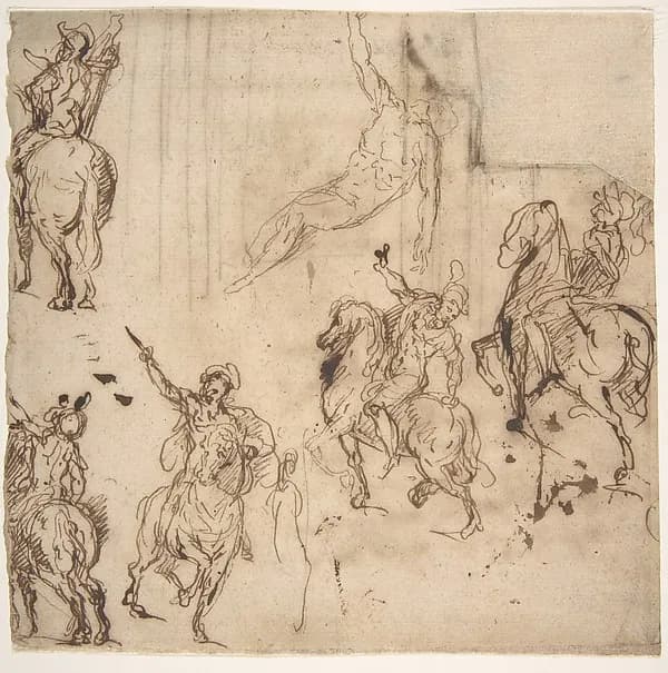 Studies of Horsemen and Study of a Figure for a Deposition (recto); Sketch for an Entablature (verso) by Jacopo Palma the Younger depicting Mark 15