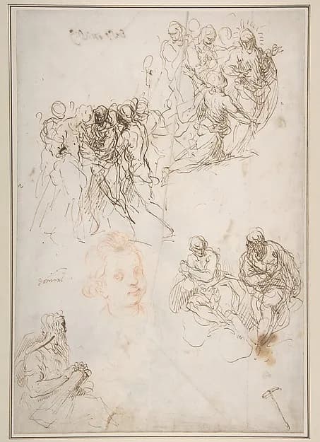 Figure Studies: The Arrest of Christ?, Christ and the Canaanite Woman, Seated Male Figures, and Head of a Child (recto); Studies of an Arm, and of the Heads of an Old Man and Young Woman (verso) by Jacopo Palma the Younger depicting Matthew 26