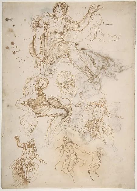 Figure Studies: Seated Female Holding a Book, Two Heads of Bearded Men, Seated Male Nude, and Four Sketches for Christ Judging (recto); Studies for Cain Slaying Abel (verso) by Jacopo Palma the Younger depicting John 1
