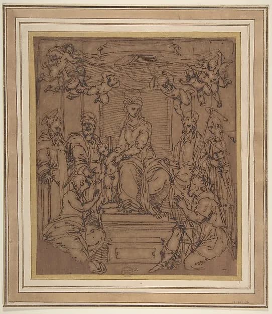 Virgin and Child Enthroned with Saint Anthony Abbot, Saint Peter, Saint Paul, Saint Julian the Hospitaler, Saint Roch, and Saint Mary Magdalen? by Perino del Vaga (Pietro Buonaccorsi) depicting Luke 7