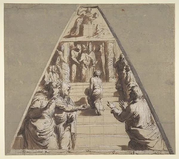 Presentation of the Virgin in the Temple (below), Abraham about to Sacrifice Isaac (above) by Perino del Vaga (Pietro Buonaccorsi) depicting Genesis 18