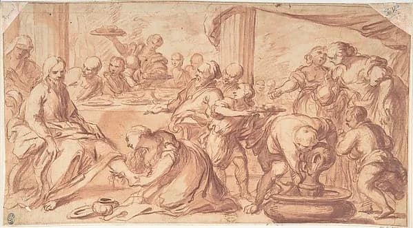 Mary Magdalen Washing Christ's Feet by Anonymous, Italian, Roman-Bolognese, 17th century depicting Luke 7