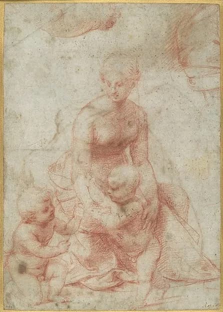 Madonna and Child with the Infant Saint John the Baptist; upper left, Study for the Right Arm of the Infant Saint John; upper right, Study for Drapery (recto); Study of a Nude Male Figure (verso) by Raffaello Sanzio da Urbino depicting Matthew 3