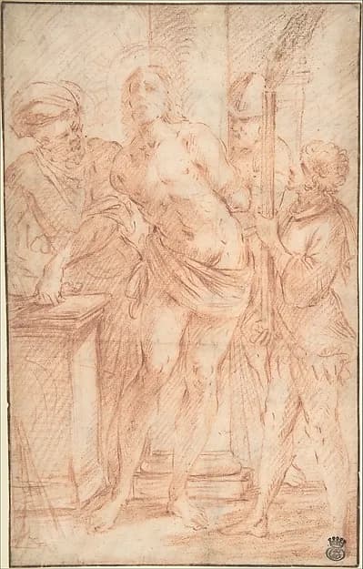 The Mocking of Christ (recto); Exterior View of a Church (verso) by Anonymous, Italian, Roman-Bolognese, 17th century depicting Matthew 27