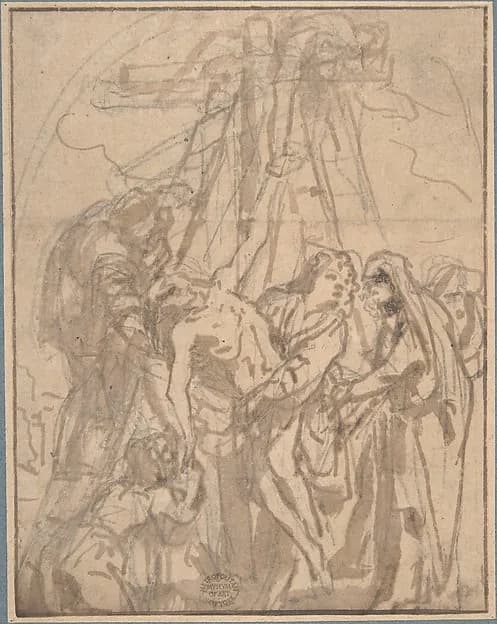 Descent from the Cross by Anonymous, Italian, Roman-Bolognese, 17th century depicting John 1