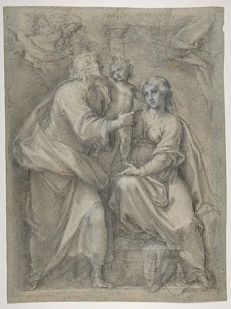 The Holy Family with Angels by Pomarancio (Cristoforo Roncalli) depicting Luke 2