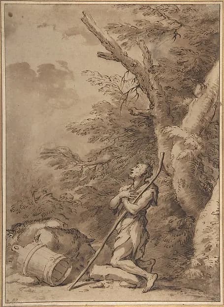 The Prodigal Son Kneeling Repentant among Swine by Salvator Rosa depicting Luke 15