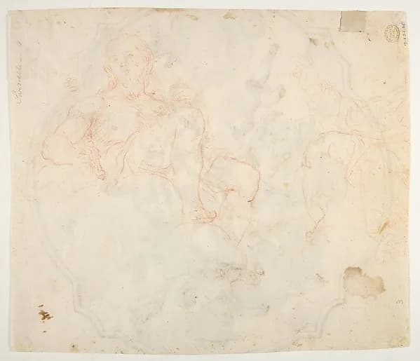 The Virgin Nursing the Christ Child, in a Glory of Angels (recto); Studies for seated figures of Christ and God the Father in red chalk (verso) by Nicola Maria Rossi depicting Luke 2