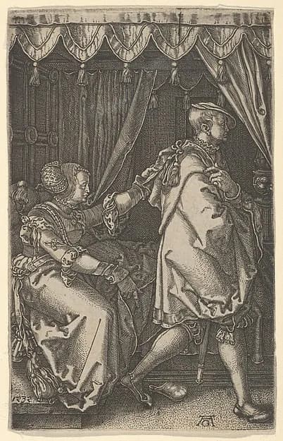Joseph and Potiphar's Wife, from "The Story of Joseph" by Heinrich Aldegrever depicting Genesis 37