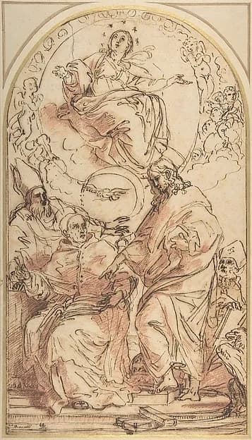 The Virgin Immaculate with the Four Doctors of the Church, Study for the Dispute over the Immaculate Conception by Carlo Maratti depicting Luke 1