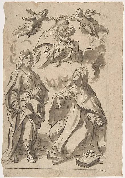 A Male and a Female Saint (Joseph of Aramathea? and Saint Catherine of Siena? Adoring the Virgin and Child in Glory (recto); Minerva Bellona with a Victorious Warrior (verso) by Francesco di Maria depicting Romans 8