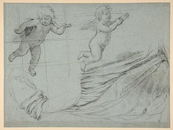 Studies of Two Flying Putti and of Drapery (recto); Seated Virgin and Child, and Kneeling Child (verso) by Sassoferrato (Giovanni Battista Salvi) depicting Luke 2