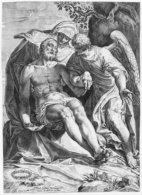 Pietà: Christ supported by the Virgin and an angel at the right by Agostino Carracci depicting Luke 1