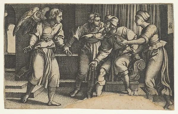 Tobias and the Archangel Raphael, from "The Story of Tobias" by Georg Pencz depicting Tobit 6