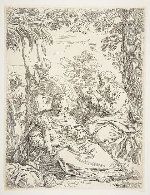 The Holy Family resting on their flight into Egypt by Simone Cantarini depicting Matthew 2