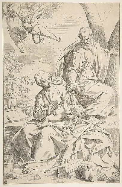 Rest on the flight into Egypt, Mary holding the infant Christ while St. Joseph hands him a fruit by Simone Cantarini depicting Matthew 2