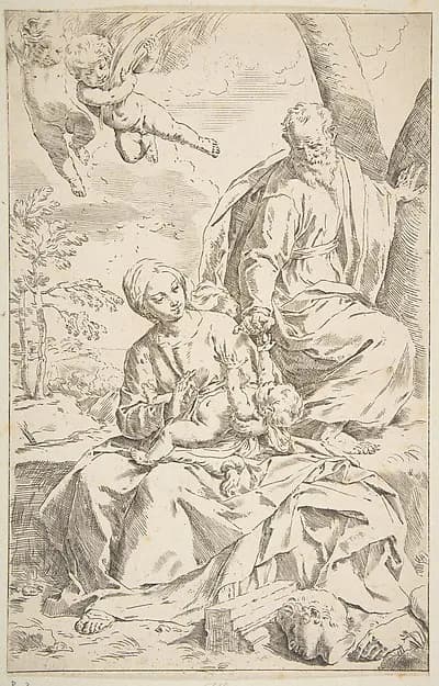Rest on the flight into Egypt, Mary holding the infant Christ while St. Joseph hands him a fruit by Simone Cantarini depicting Matthew 2