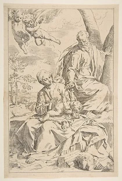 Rest on the flight into Egypt, Mary holding the infant Christ while St. Joseph hands him a fruit by Simone Cantarini depicting Matthew 2