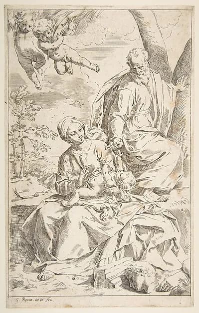 Rest on the flight into Egypt, Mary holding the infant Christ while St. Joseph hands him a fruit by Simone Cantarini depicting Matthew 2