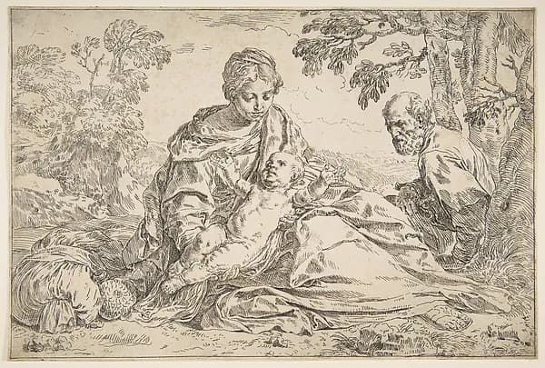 Rest on the flight into Egypt, Mary holding the infant Christ with St. Joseph at right by Simone Cantarini depicting Matthew 2