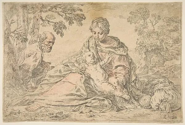 Rest on the flight into Egypt, Mary holding the infant Christ with St. Joseph at left by Simone Cantarini depicting Matthew 2