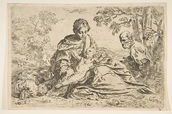 Rest on the flight into Egypt, Mary holding the infant Christ with St. Joseph at right, copy after Cantarini by Simone Cantarini depicting Matthew 2