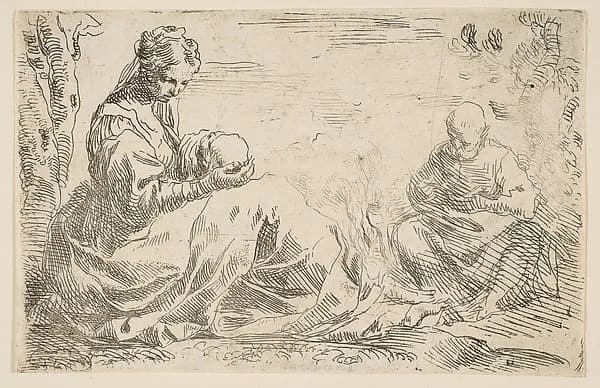 Rest on the flight into Egypt, Mary holding and looking at the infant Christ while St. Joseph reads by Simone Cantarini depicting Matthew 2