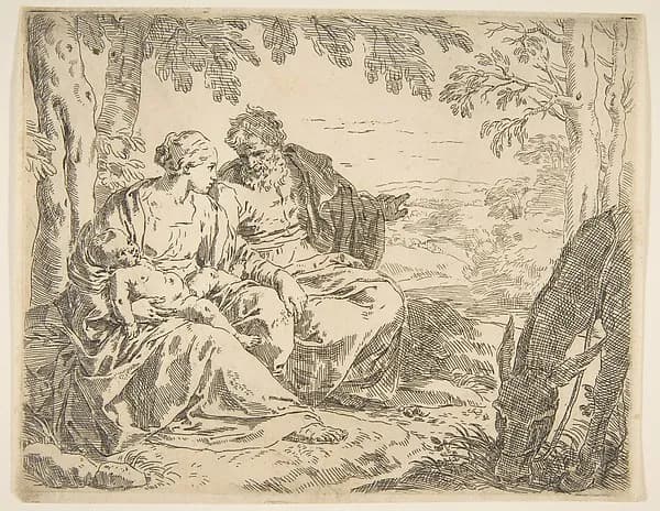Rest on the flight into Egypt, Mary holding the infant Christ while St. Joseph points into the distance by Simone Cantarini depicting Matthew 2