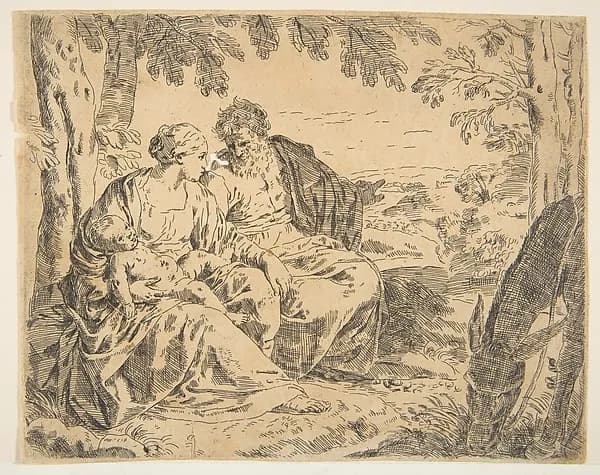 Rest on the flight into Egypt, Mary holding the infant Christ while St. Joseph points into the distance, copy after Cantarini by Simone Cantarini depicting Matthew 2