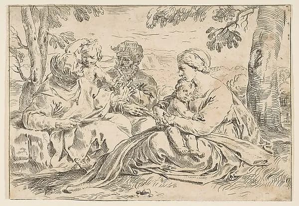 Holy Family with Saint Elizabeth and Saint John the Baptist, copy in reverse after Cantarini by Simone Cantarini depicting Matthew 3