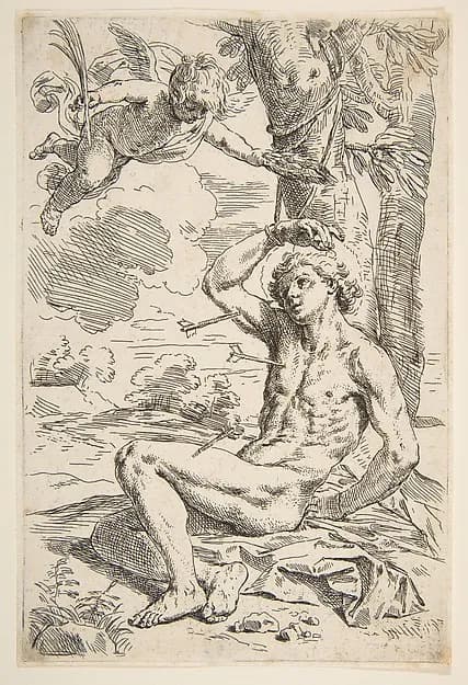 Saint Sebastian pierced with arrows and tied to a tree by Simone Cantarini depicting Romans 8