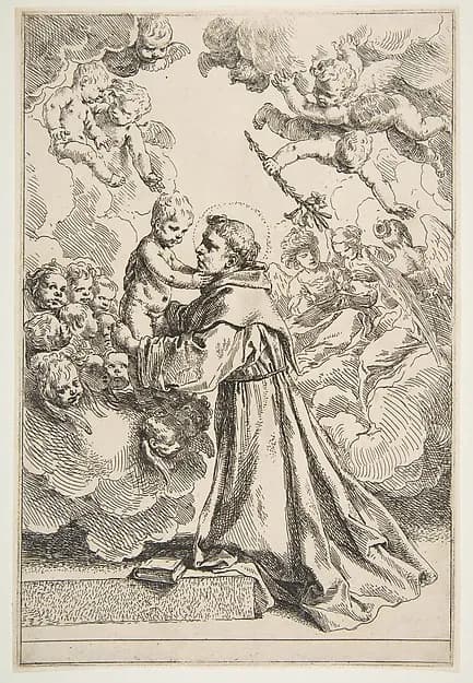Saint Anthony of Padua adoring the Christ Child in Glory by Simone Cantarini depicting Luke 2