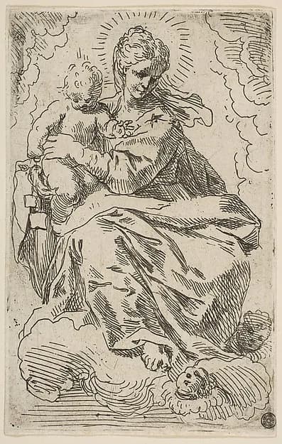Madonna and Child on clouds by Simone Cantarini depicting Luke 2