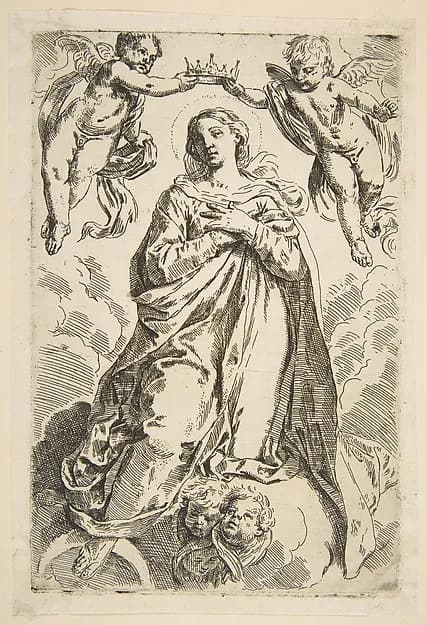 The Virgin being crowned by two angels, copy after Cantarini by Simone Cantarini depicting Luke 1