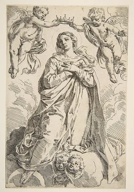 The Virgin being crowned by two angels by Simone Cantarini depicting Luke 1